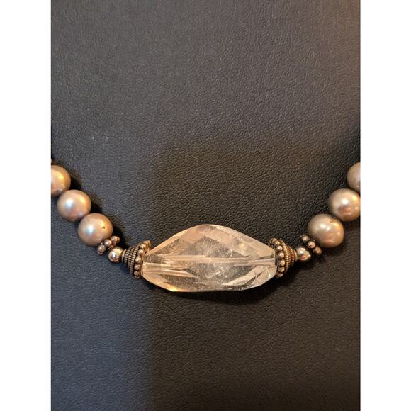 Vintage to Antique Sterling Silver Pearl Rock Quartz Abalone Shell Bead Necklace - Picture 4 of 10